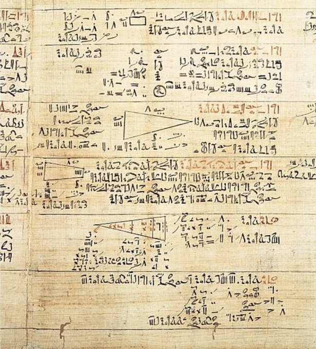 Refn@visitafrica2022n    . A vignette from the Rhind Mathematical Papyrus, one of the best known examples of Ancient Egyptian mathematics. Written in the hieratic script, second Intermediate Period 15th Dynasty, ca.1550 BC. #africanhistory